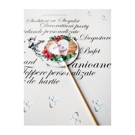 Topper Candy Bar 5cm "Love is sweet flori si vaza lemn "
