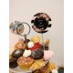 Topper Candy Bar 5cm "Love is sweet" negru flori roz si alb