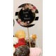 Topper Candy Bar 5cm "Love is sweet" negru flori roz si alb
