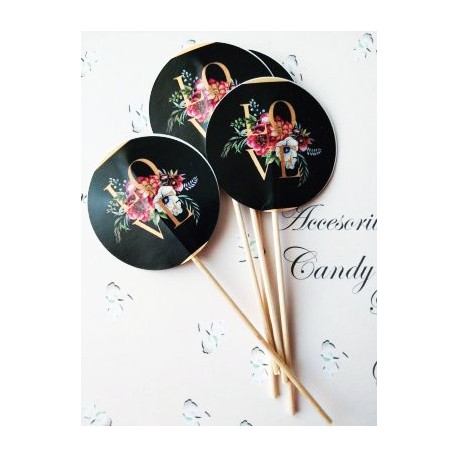 Topper Candy Bar 5cm "Negru LO VE flori rosii Glam"
